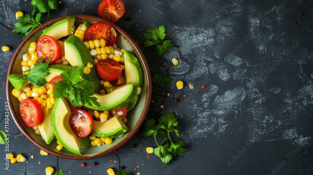 Avocado, tomato, and corn salad with fresh herbs on a dark textured background. Avocado, tomato, and corn salad with fresh herbs on a dark textured background.