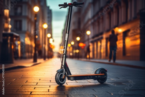 Electric scooter with night city background, Electric scooter on  night street, AI generated © Tanu