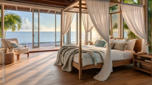 Beachfront bedroom with panoramic ocean views for a serene escape © mashimara