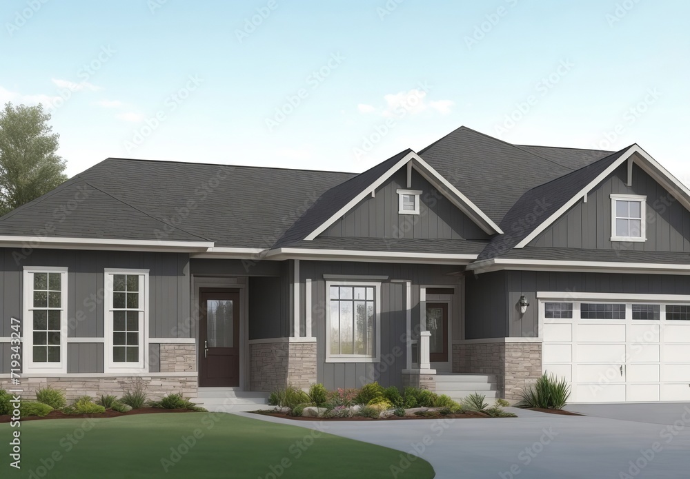 A gray ranch style model house A gray ranch style model house