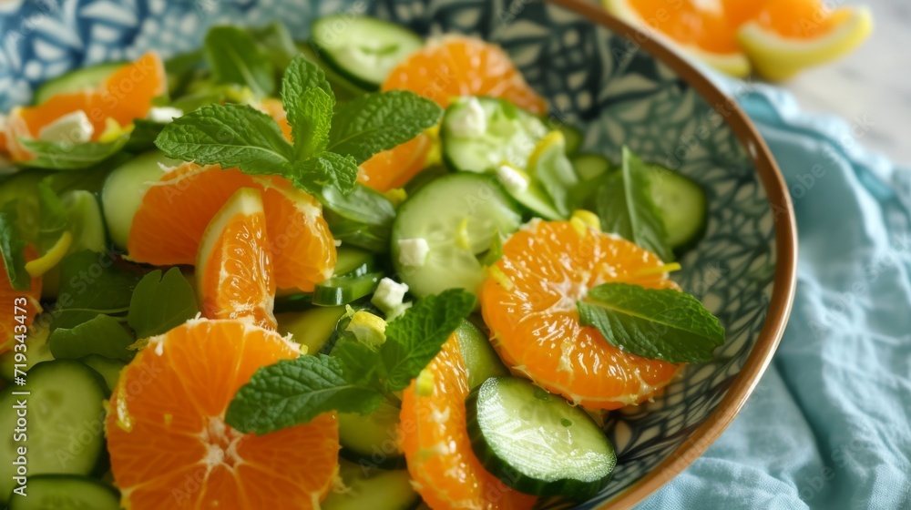 Green salad with cucumber slices and mandarin segments in a decorative bowl. Green salad with cucumber slices and mandarin segments in a decorative bowl.