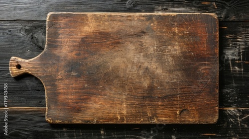 An old wooden cutting board with a used, worn texture on a striped wood table. photo
