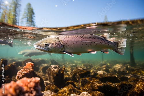 Salmon swimming in a crystal-clear mountain river. Pure, clear water. View from the water
