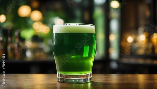 Green Beer in a clean glass on the wooden table on black background with copy space