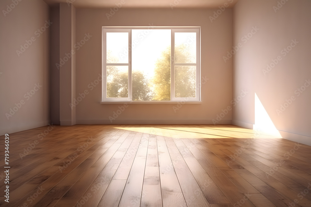 Empty room with white walls and large windows and wooden floor. Lots of sunshine Empty room with white walls and large windows and wooden floor. Lots of sunshine