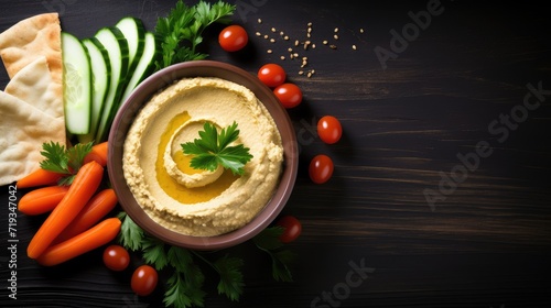 Traditional Hummus Served With Fresh Pita Bread Topped With Tomatoes and Herbs
