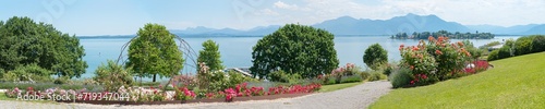 idyllic park landscape with roses, spa garden Gstadt, lake chiemsee and alps view photo