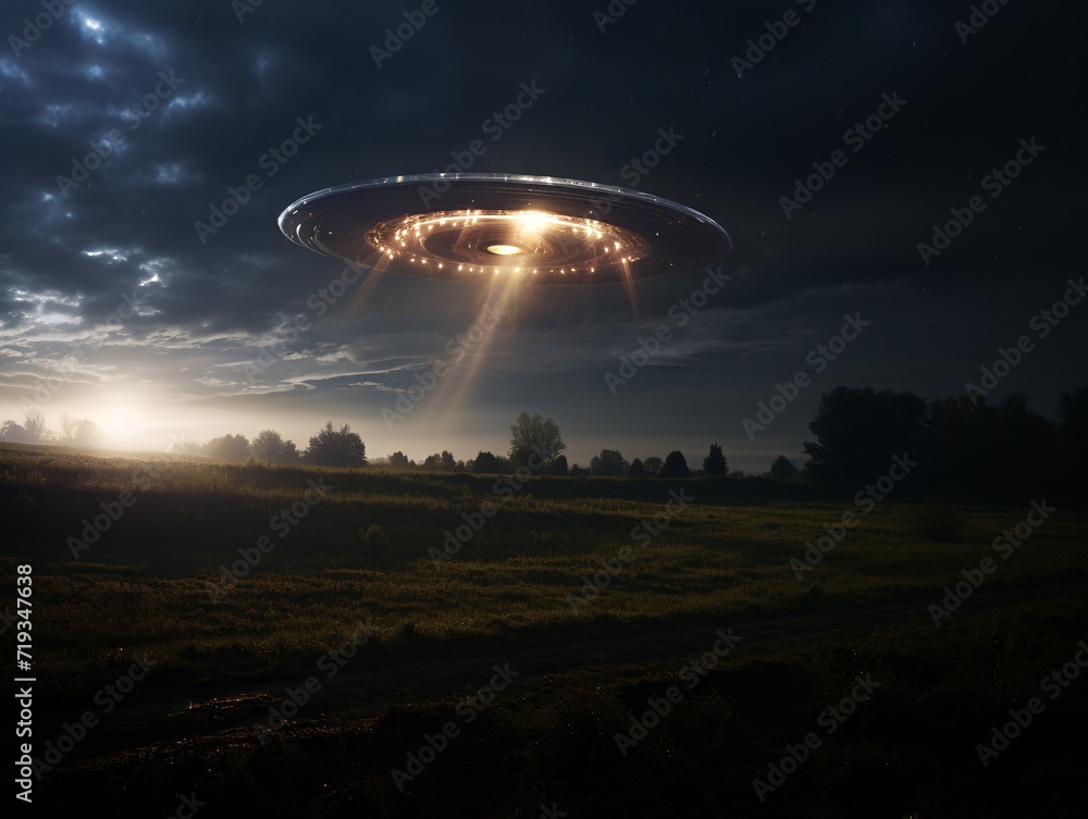 UFO flying over the meadow. UFO flying over the meadow.