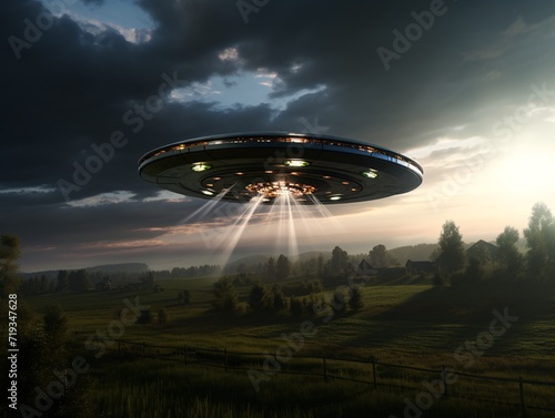 UFO flying over the meadow.