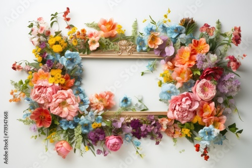 Beautifully Rendered Frame decoration with flower , The vintage wooden frame with a white background displayed a beautifully intricate pattern of flowers adding a touch of art, Ai generated