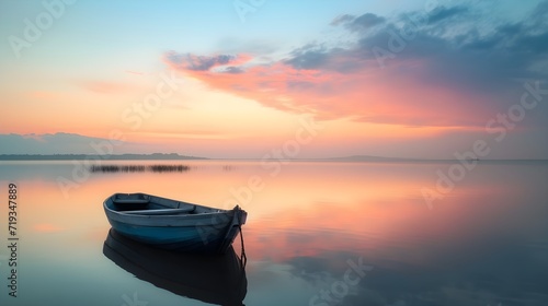 Solitary Boat on Tranquil Waters at Dawn