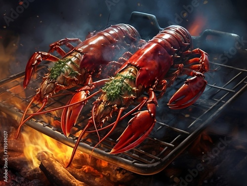 Lobsters grilling on a grill with a flame