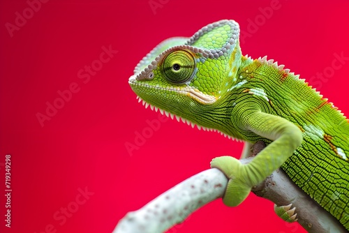 Green Chameleon on a Branch with Red Background