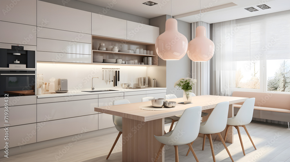A warm white kitchen with a large countertop, an island, high-end appliances, a dining table. The interior of a modern kitchen in a classic style A warm white kitchen with a large countertop, an island, high-end appliances, a dining table. The interior of a modern kitchen in a classic style