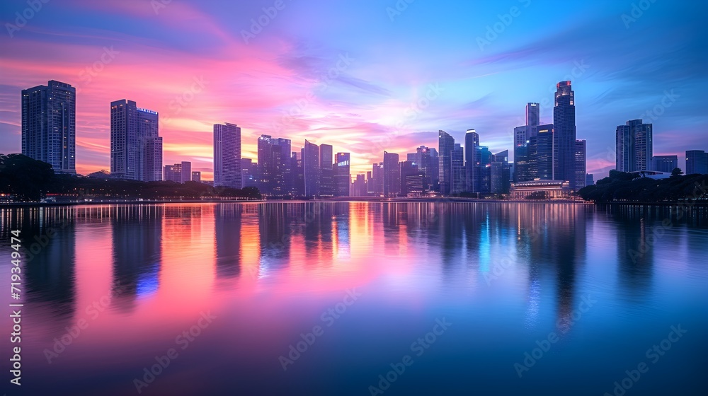 Sunset Silhouettes: Reflective Cityscape at Twilight