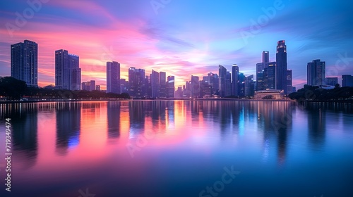Sunset Silhouettes: Reflective Cityscape at Twilight © AiHRG Design