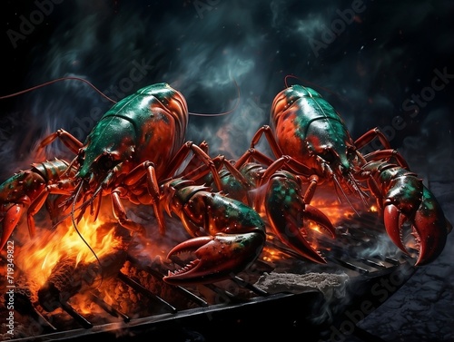 Lobsters grilling on a grill with a flame