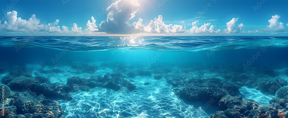 Clear blue underwater ocean with sunlight trought bubbles, abstract liquid background. banner, sunny day, background, wallpaper.