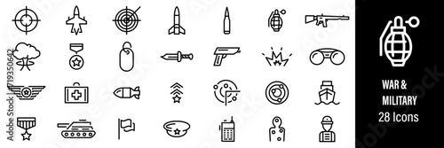 Military Web Icons. War, Gun, Weapon, Soldier, Tank. Vector in Line Style Icons