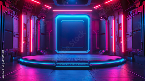Neon podium with gaming background, mockup display stand for product presentation photo