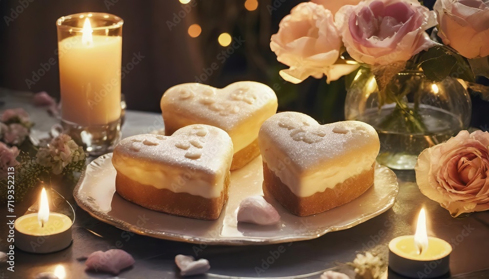 Heart-shaped cream cakes for valentine's day on a festive table with candles and flowers Heart-shaped cream cakes for valentine's day on a festive table with candles and flowers