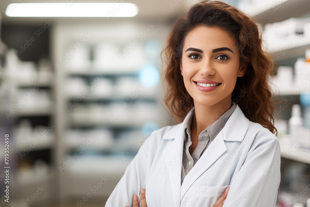 Female pharmacist in a white lab coat looking at the camera with a blurred pharmacy background