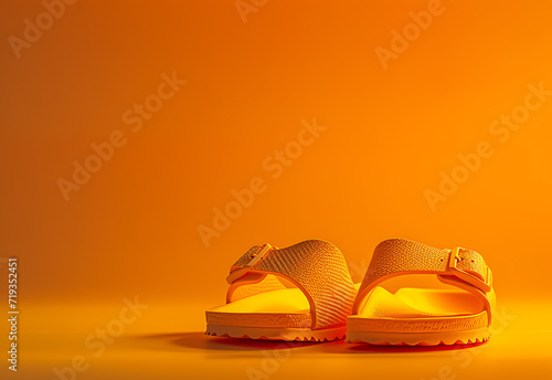  a pair of yellow sandals against a orange background 