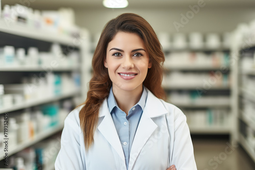 Female pharmacist in a white lab coat looking at the camera with a blurred pharmacy background