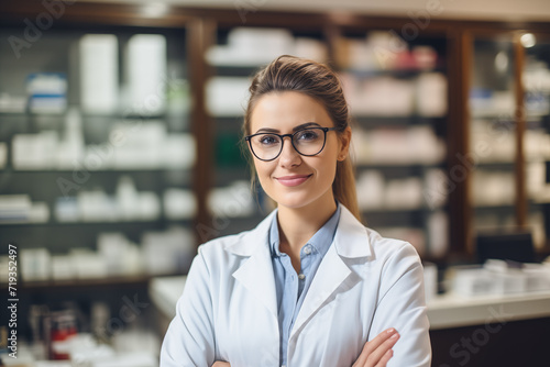 Female pharmacist in a white lab coat looking at the camera with a blurred pharmacy background