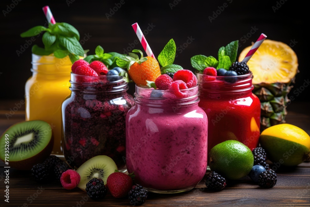 Fresh Fruit Smoothies In Glass Jars,Colorful smoothies in glass jars on a windowsill, with fruits in the foreground, AI generated Fresh Fruit Smoothies In Glass Jars,Colorful smoothies in glass jars on a windowsill, with fruits in the foreground, AI generated