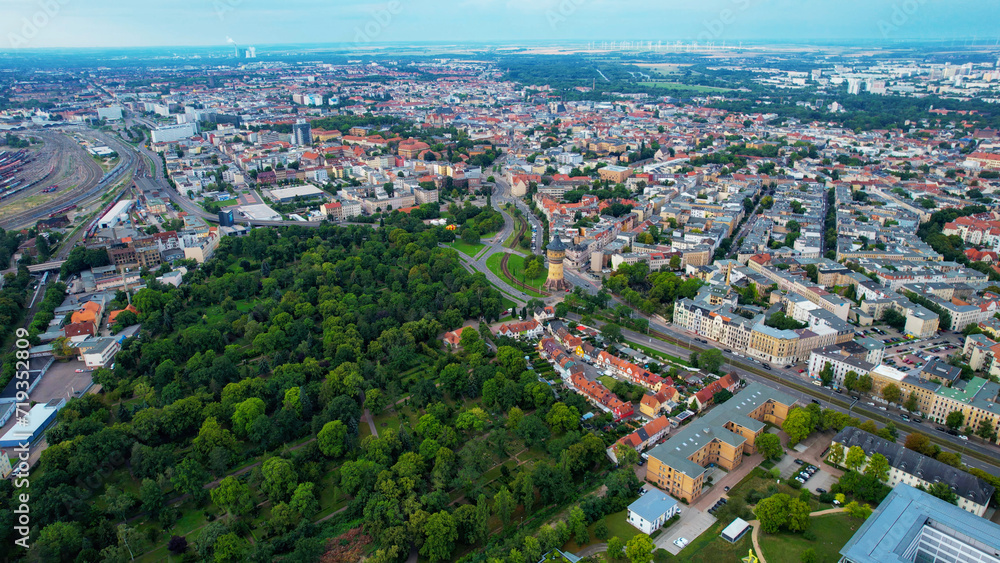 Aerial view around the city Halle an Der Saal in Germany on an early morning in spring