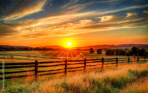 A stunning image capturing the majestic sunset with vibrant skies over a serene  picturesque rural landscape with a wooden fence in the foreground