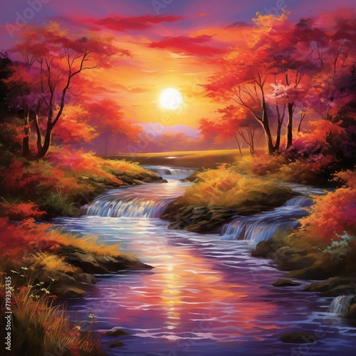 a painting of a sunset over a river