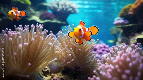 Orange clown fishs swimming in a sea anemone.