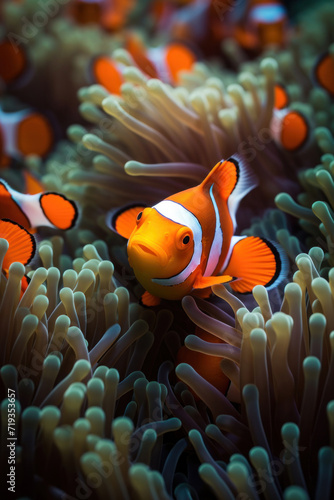 Orange clown fishs swimming in a sea anemone.