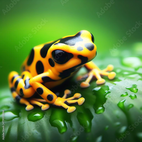 Poisonous yellow frog from tropical regions, Dendrobates leucomelas. AI generated