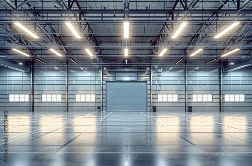 Spacious and Contemporary Large Modern Warehouse with White Windows and Illuminated Steel Door
