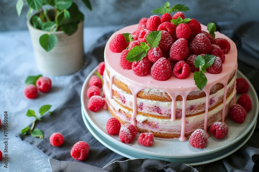 raspberry cake with raspberries , in the style of light pink raspberry cake with raspberries , in the style of light pink