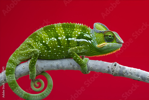Green Chameleon on a Branch with Red Background