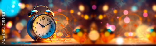 A banner with a round alarm clock on the background of a beautiful Bokeh. Good morning advertisement, alarm clock advertisement, clock advertisement.