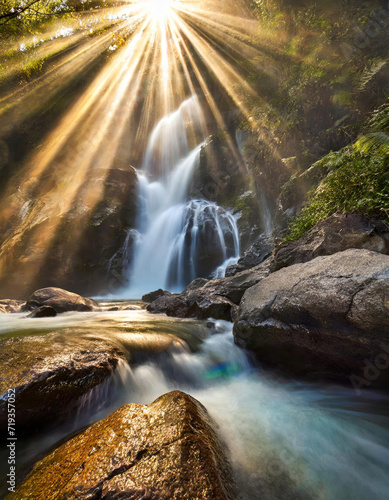 A waterfall time exposure with sun rays - 01