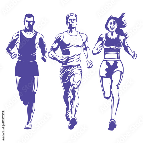 Man and Woman Running Silhouette Set Black White