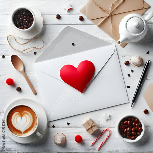 White envelope with red heart on white wooden table