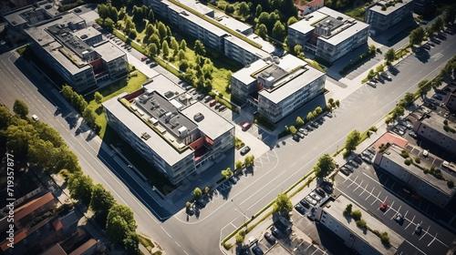 Aerial city view with crossroads and roads, houses, buildings, parks and parking lots, bridges. Helicopter drone shot. Wide Panoramic image.