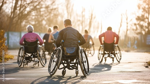 Group of people in wheelchairs participating in a sports event; dynamic sports style, clear morning light, emphasis on determination and strength, action and movement .