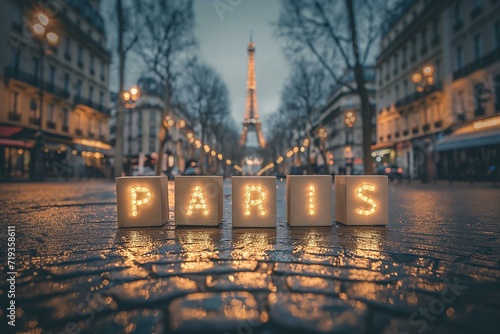 Enchanting Parisian Night Scene Illuminated by 'PARIS' Letter Blocks © Virginie Verglas