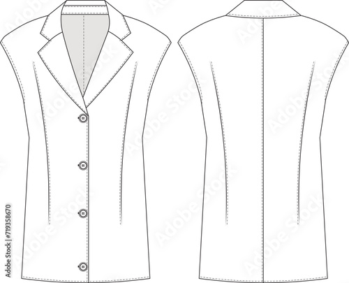 buttoned darted v neck drop shoulder sleeveless v line long vest jacket short dress template technical drawing flat sketch cad mockup fashion woman design style model