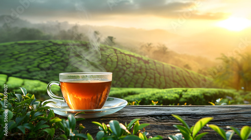 Cup of tea on the wooden table with fresh tea leaves on tea plantation background with copy space. Time of Tea concept.
