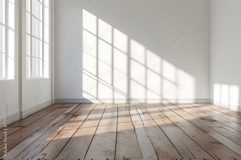 Empty room with white walls and large windows and wooden floor. Lots of sunshine Empty room with white walls and large windows and wooden floor. Lots of sunshine