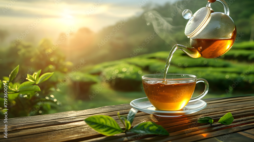 Pours hot tea from glass teapot into a cup on the wooden table with fresh tea leaves on tea plantation background with copy space. Time of Tea concept. - obrazy, fototapety, plakaty 